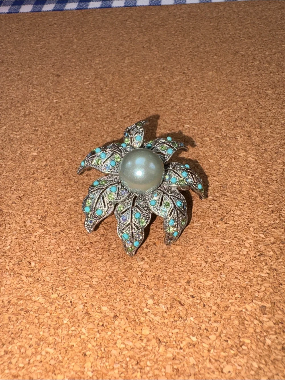 Pearl-Center Floral Brooch with Teal Crystal Accents
